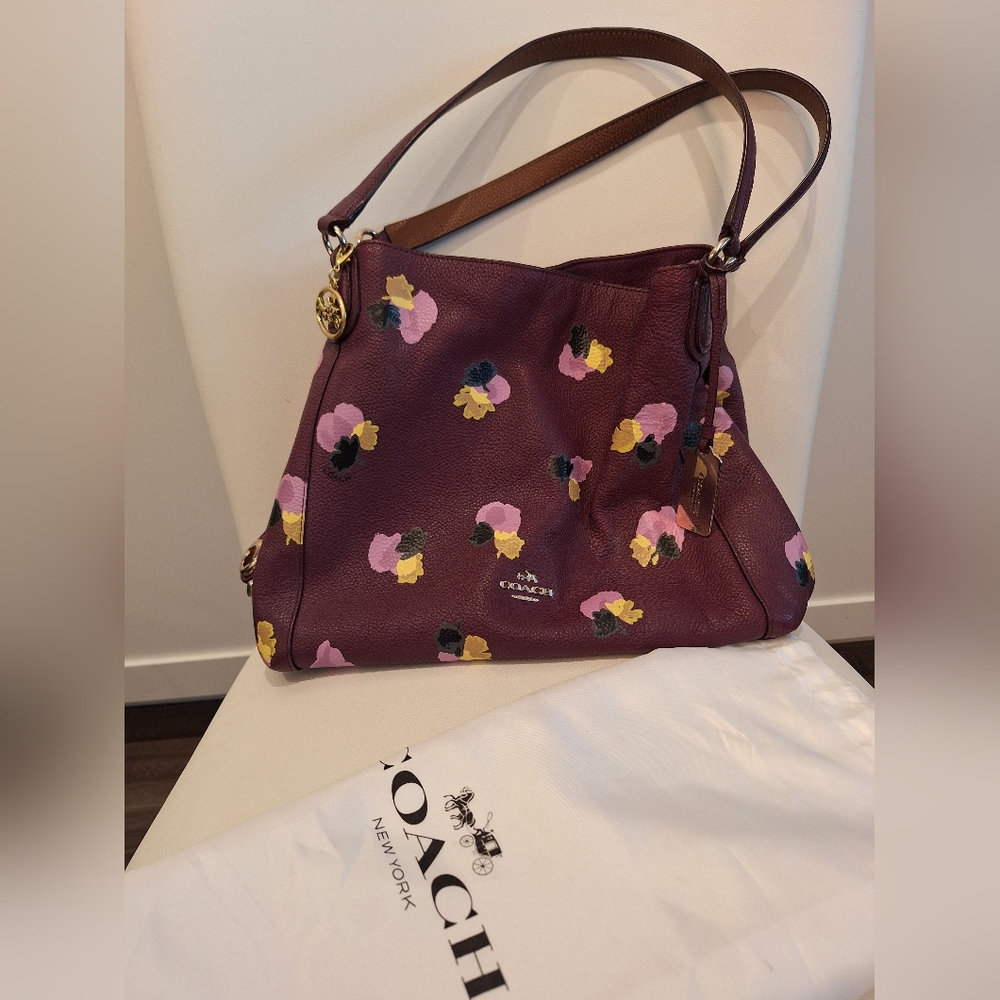 EUC Coach Plum Floral Edie Pebbled Leather Bag w/ Dust Bag (Gold Key Chain) - Picture 3 of 6